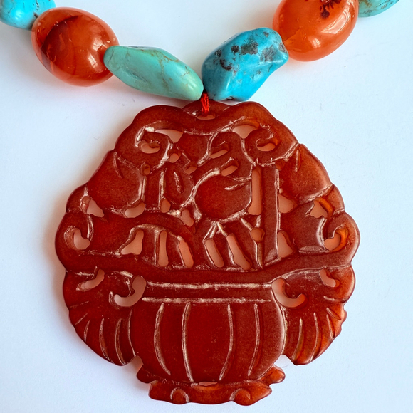 BIG Red Jade Turquoise Carnelian Quartz Hand Carved Sterling Silver 925 Necklace - Picture 4 of 8
